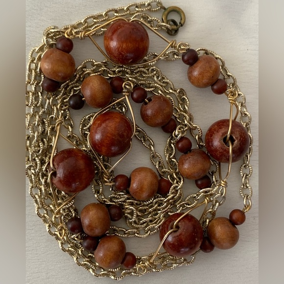Vintage Jewelry - Long Boho Wooden Bead Golden Chain Vintage Necklace 56”